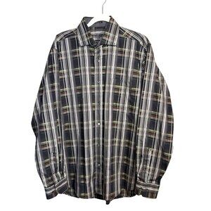 Bugatchi Uomo Classic Fit Plaid Men's Large L/s Button Shirt Gray Green Brown